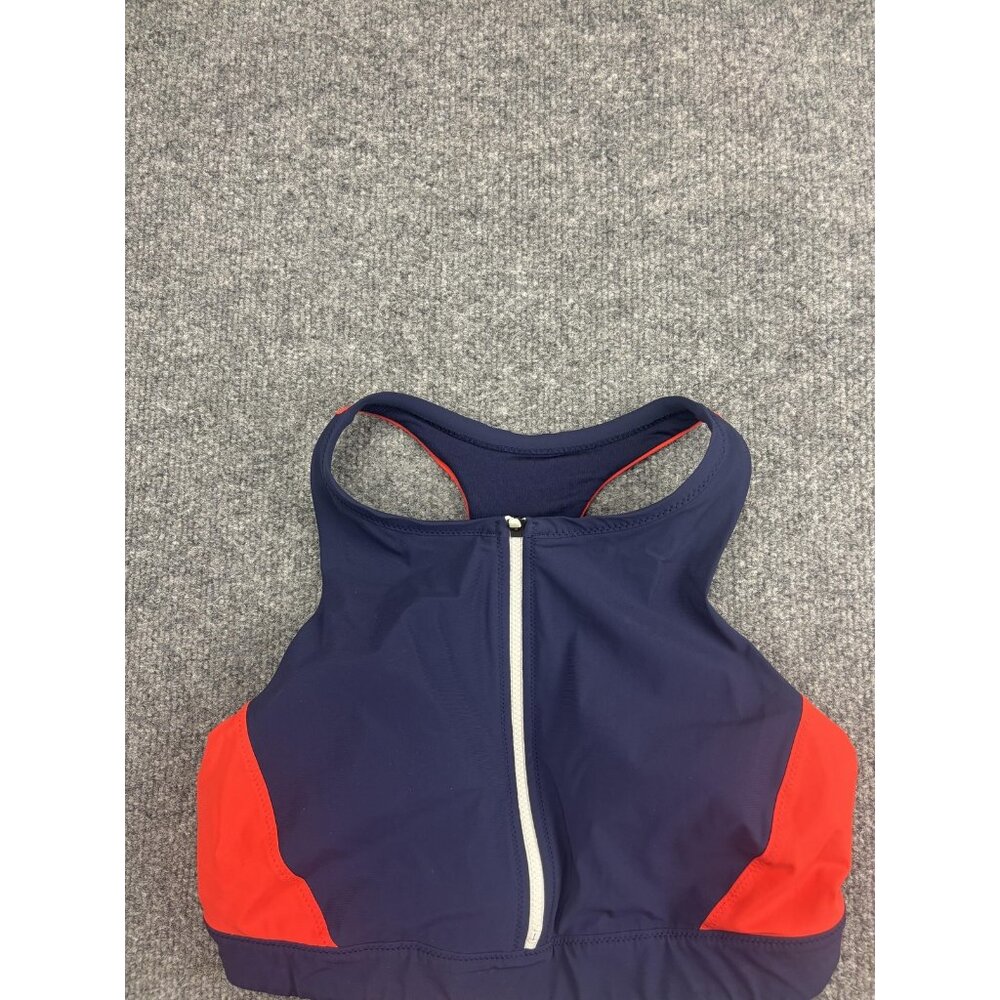 Athleta Sports Bra Womens Medium Blue Colorblock Zip‎ Front Racerback Yoga Top